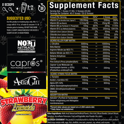 Supplement label with ingredients and nutritional information on a black background